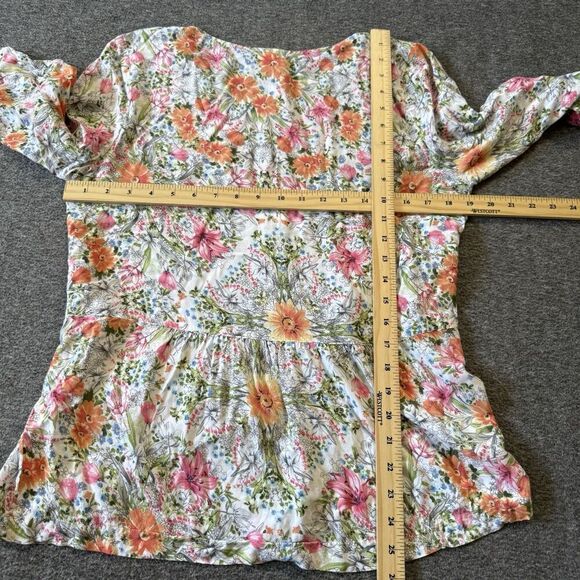 J. Jill Popover Blouse Womens Small Petite White Floral Print Rayon Ruffle Hem - Picture 5 of 7